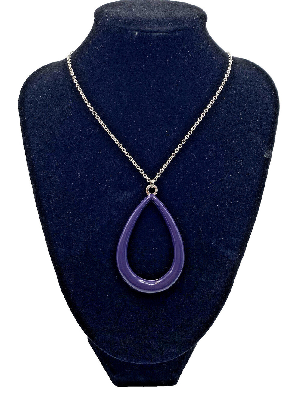 NY Silver-Tone Enamel Tear Drop Pendant Necklace Purple 18" Minimalist Workwear